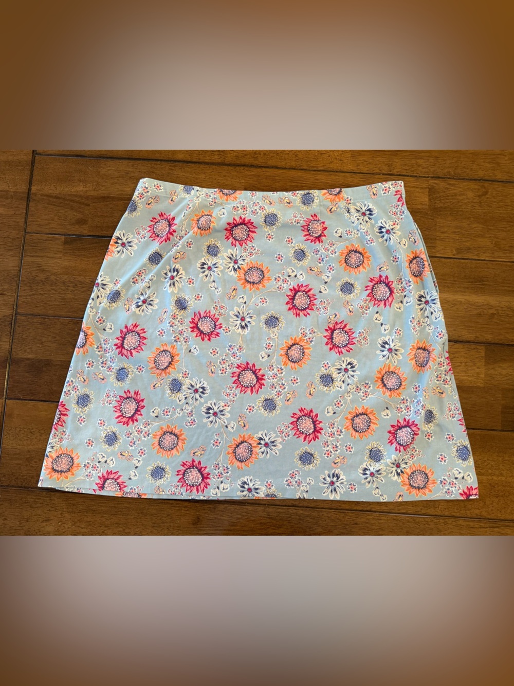 J. Jill Floral A-Line Knit Skirt preppy Light Blue Orange Pink Size Large Petite